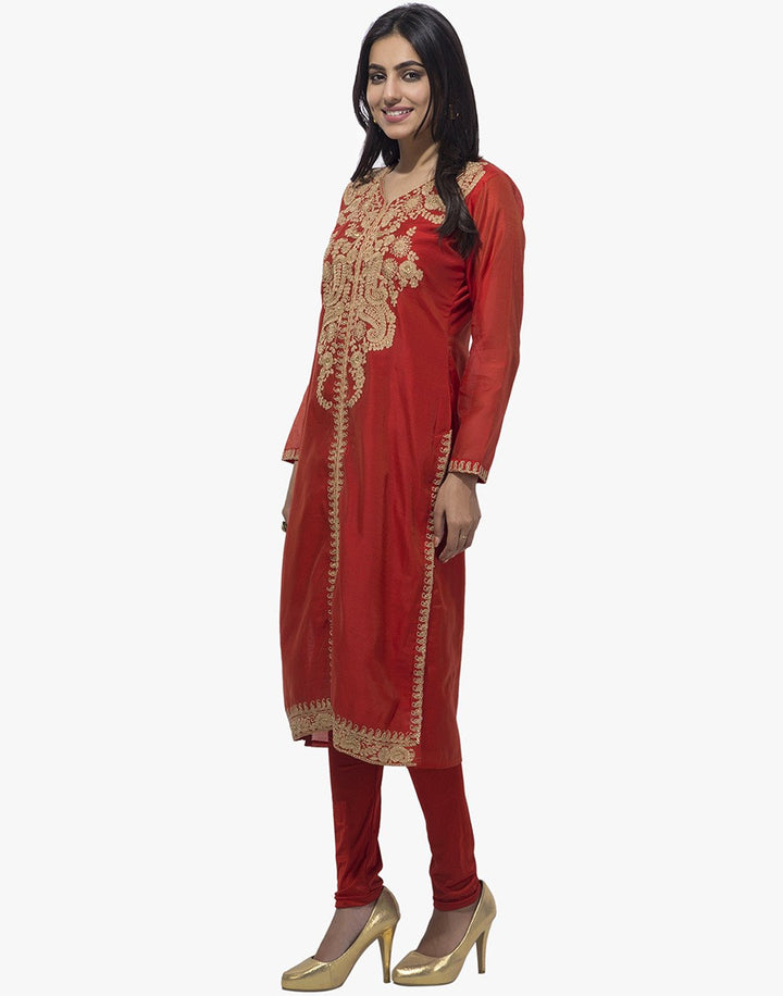 MBZ Meena Bazaar-Red Cotton Chanderi Stitched Salwaar Kameez