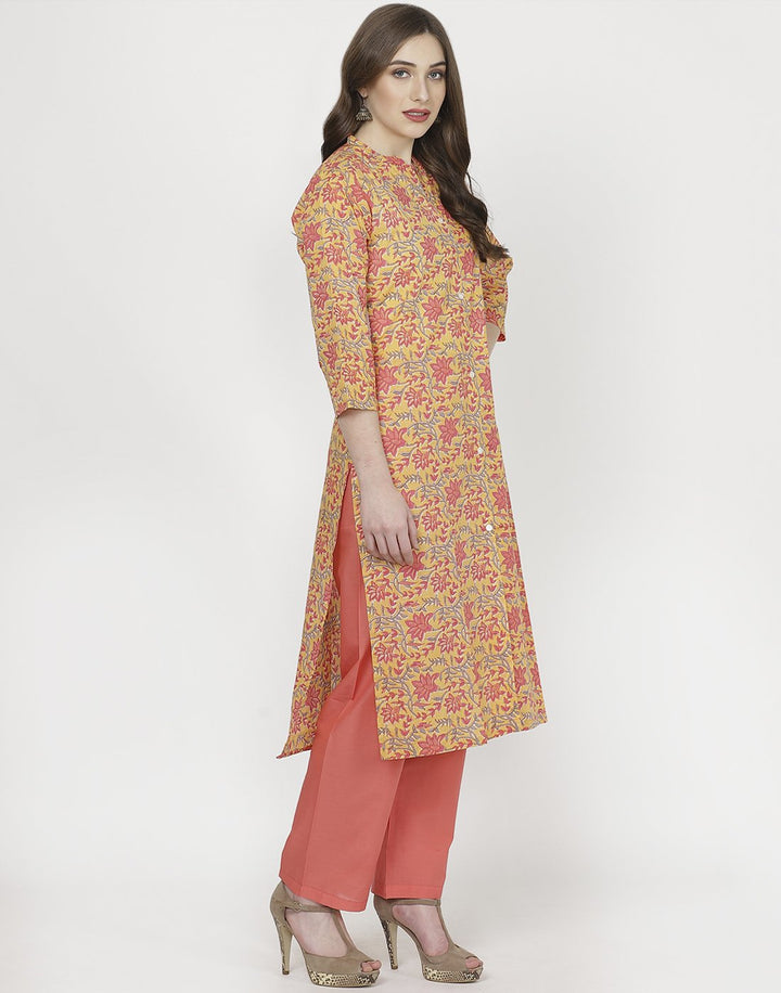 MBZ Meena Bazaar-Yellow Peach Cotton Kurti with Palazzo