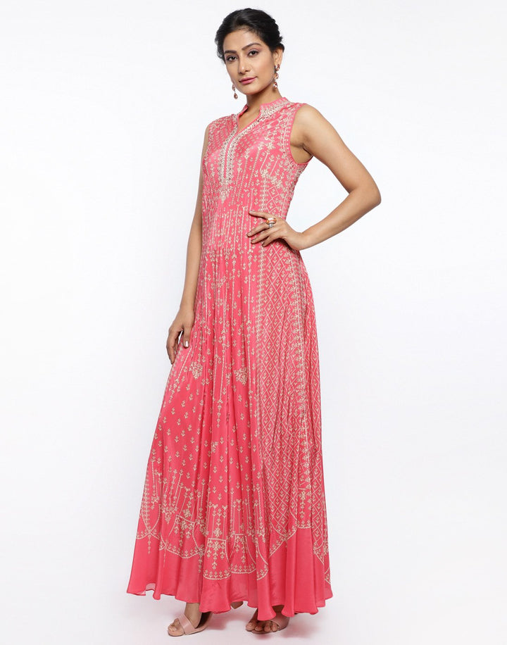 MBZ Meena Bazaar-Coral Pink Crepe Digital Printed Long Dress