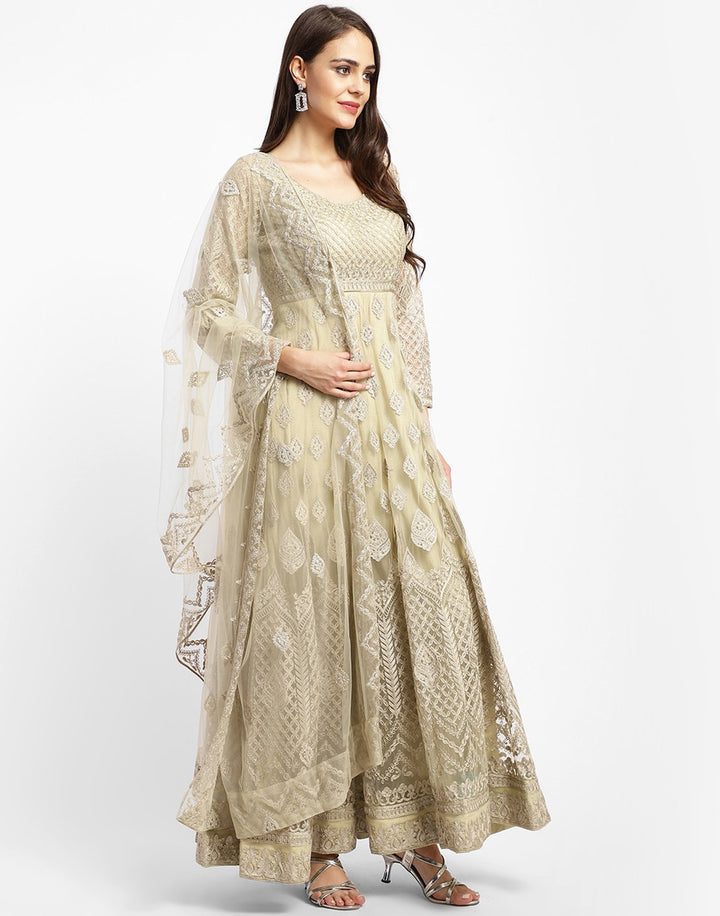 MBZ Meena Bazaar-Beautiful Cream Net Salwar Kameez Stitched Anarkali Suit