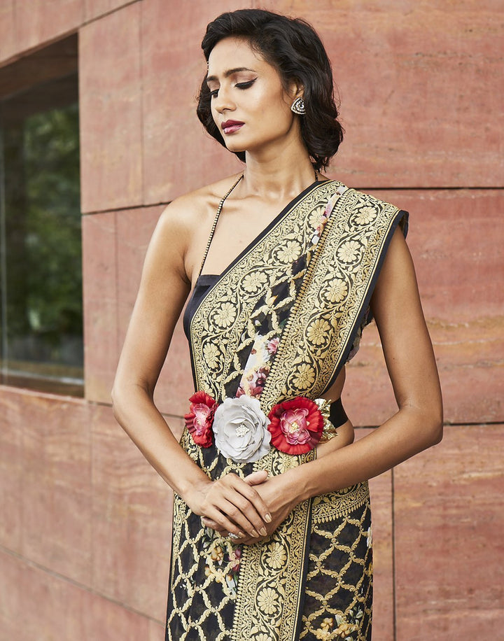 MBZ Meena Bazaar-Black Printed Banarasi Saree