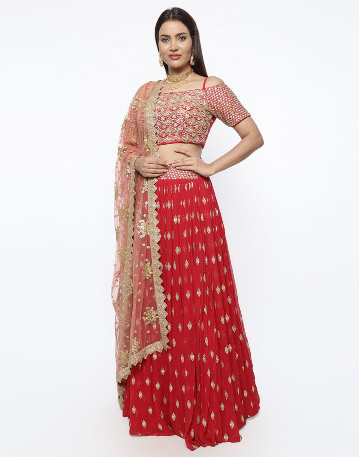 MBZ Meena Bazaar-Elegant Rani Georgette Stitched Lehenga with Net Mustard Dupatta