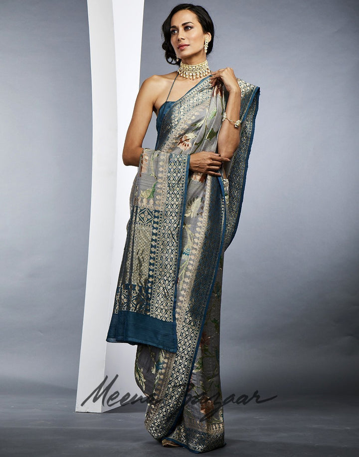 MBZ Meena Bazaar-Grey Banarasi Woven Saree