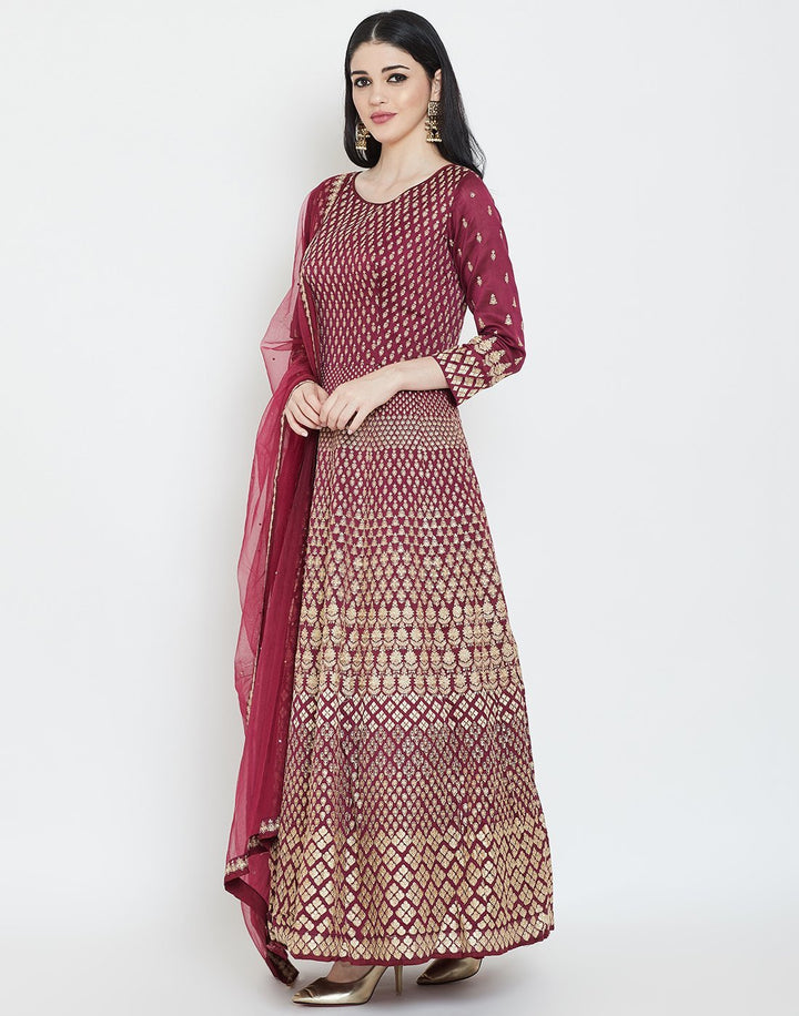MBZ Meena Bazaar-Maroon Cotton Chanderi Salwar Kameez