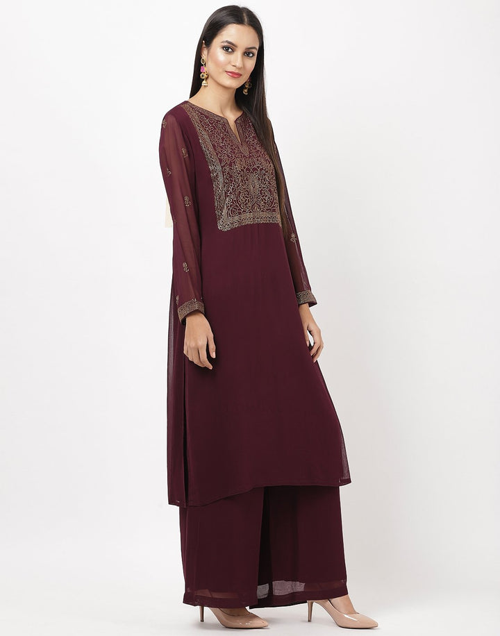 MBZ Meena Bazaar-Wine Georgette Kurti with Palazzo