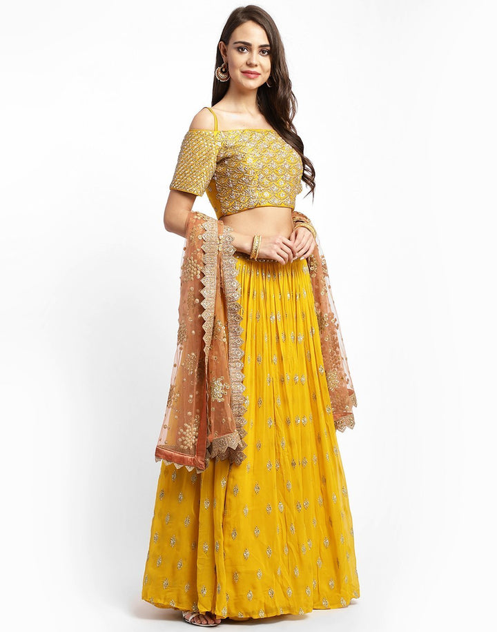 MBZ Meena Bazaar-Elegant Rani Georgette Stitched Lehenga with Net Mustard Dupatta