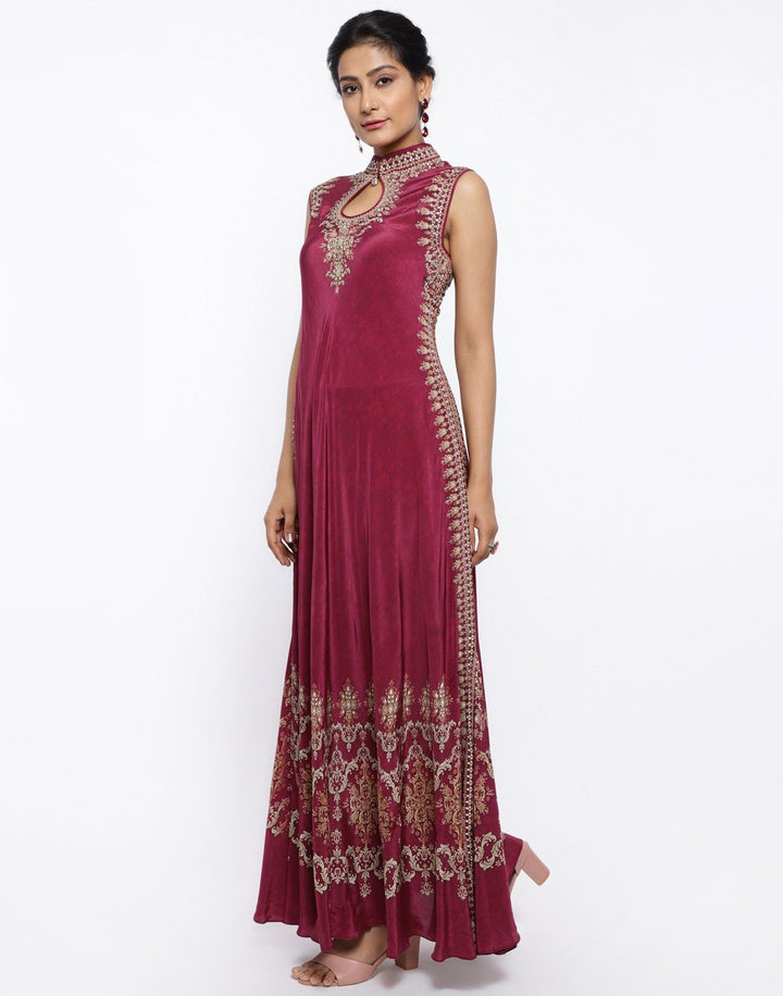MBZ Meena Bazaar-Green Crepe Digital Printed Long Dress