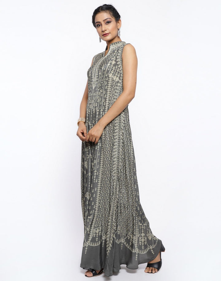 MBZ Meena Bazaar-Coral Pink Crepe Digital Printed Long Dress