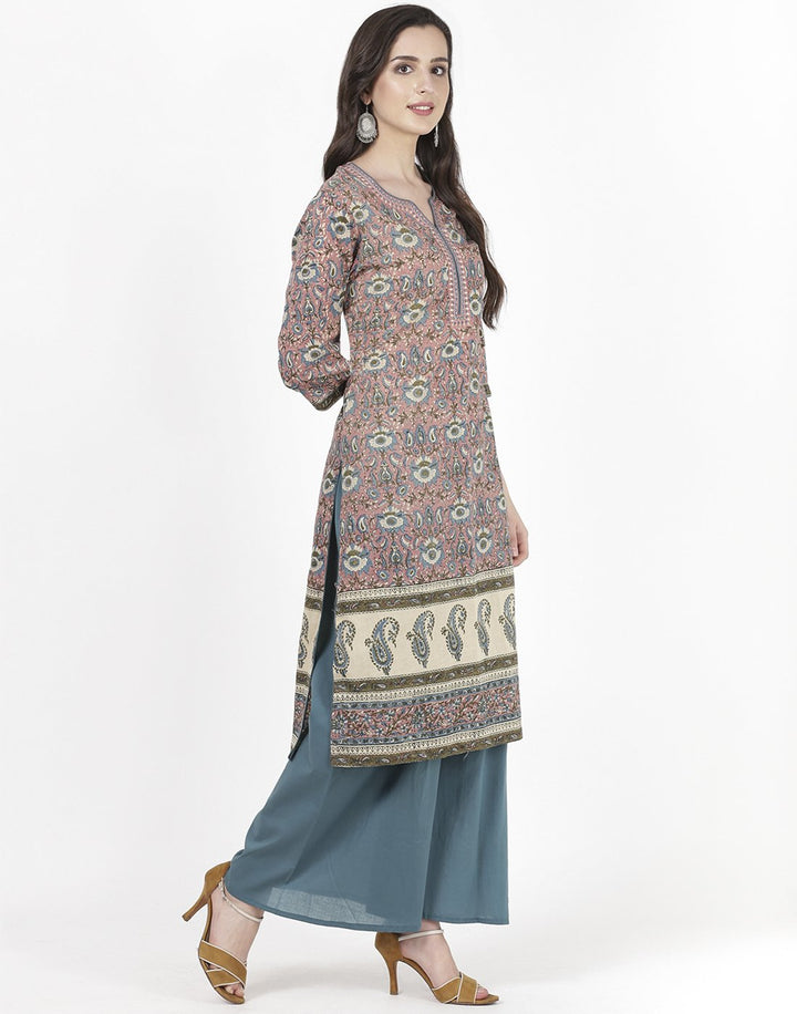 MBZ Meena Bazaar-Pink Teal Blue Cotton Kurti with Palazzo