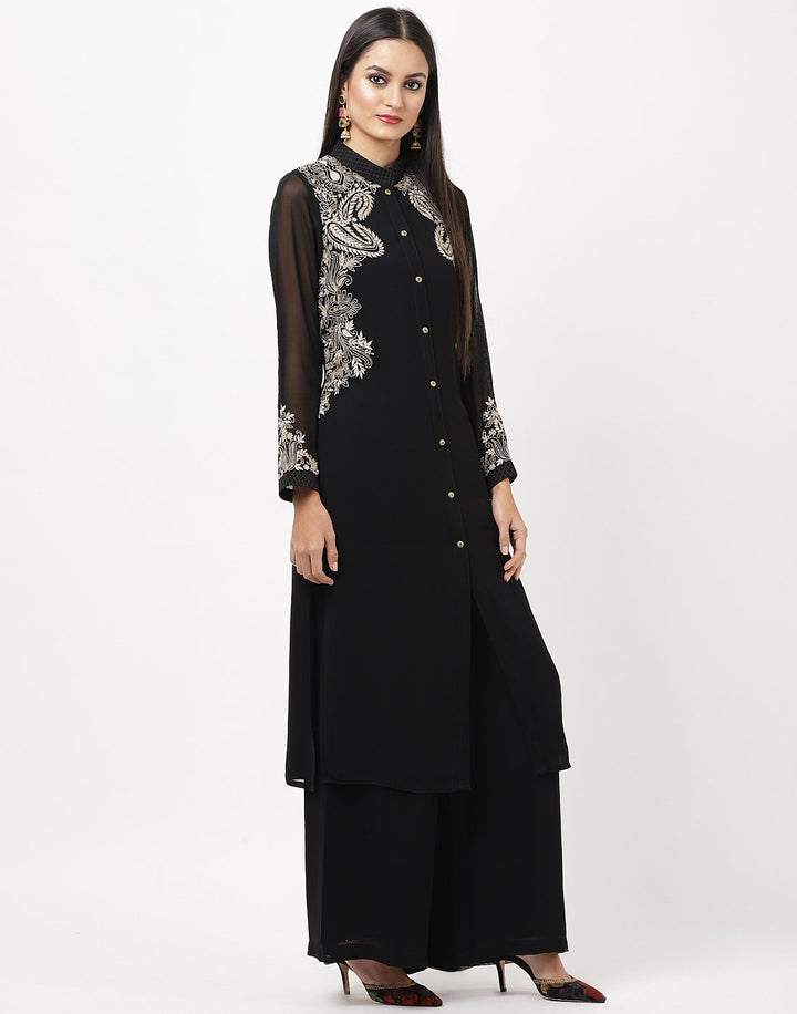 MBZ Meena Bazaar-Black Georgette Kurti with Palazzo