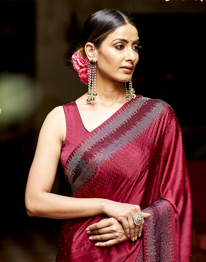 MBZ Meena Bazaar-Satin Silk Saree With Stone Work