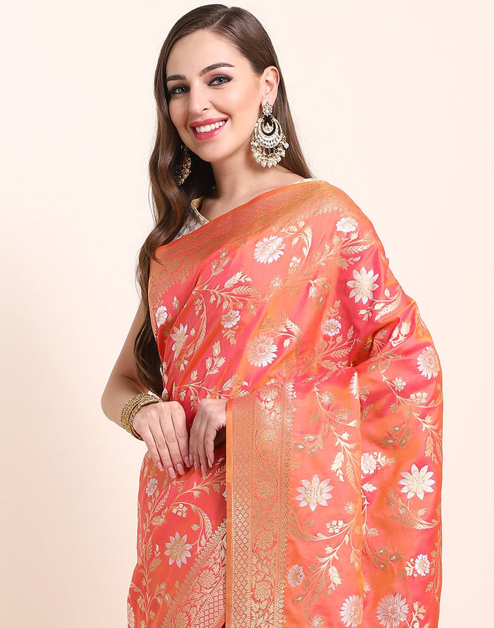 MBZ Meena Bazaar-Orange Banarasi Art Handloom Saree