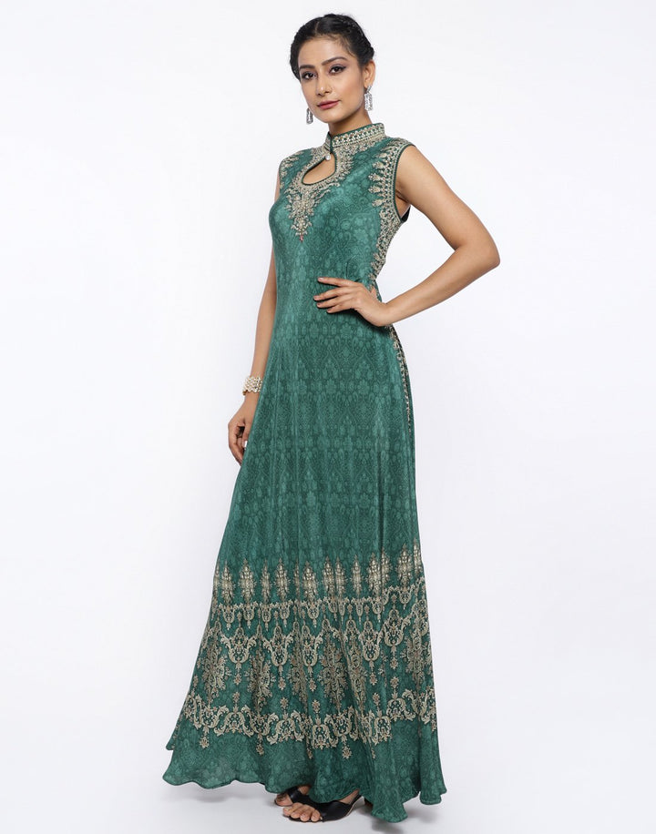 MBZ Meena Bazaar-Green Crepe Digital Printed Long Dress