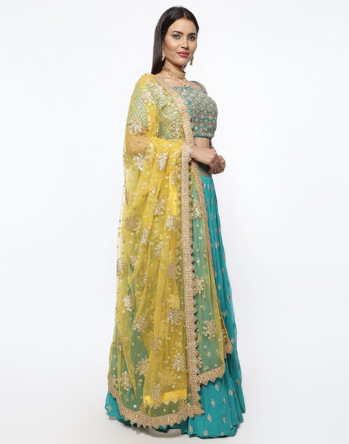 MBZ Meena Bazaar-Elegant Rani Georgette Stitched Lehenga with Net Mustard Dupatta