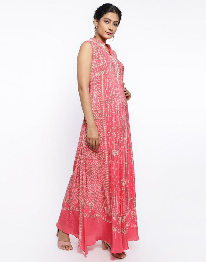 MBZ Meena Bazaar-Coral Pink Crepe Digital Printed Long Dress