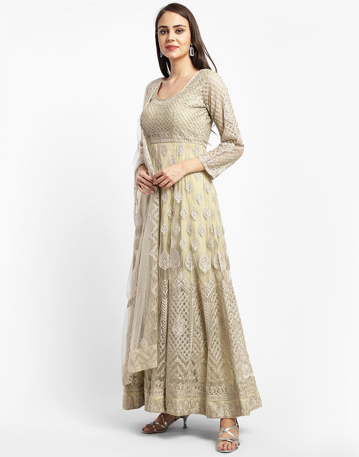 MBZ Meena Bazaar-Beautiful Cream Net Salwar Kameez Stitched Anarkali Suit