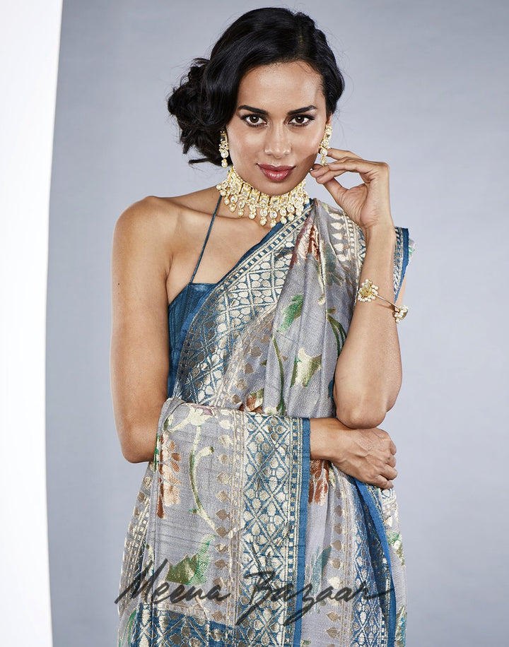 MBZ Meena Bazaar-Grey Banarasi Woven Saree