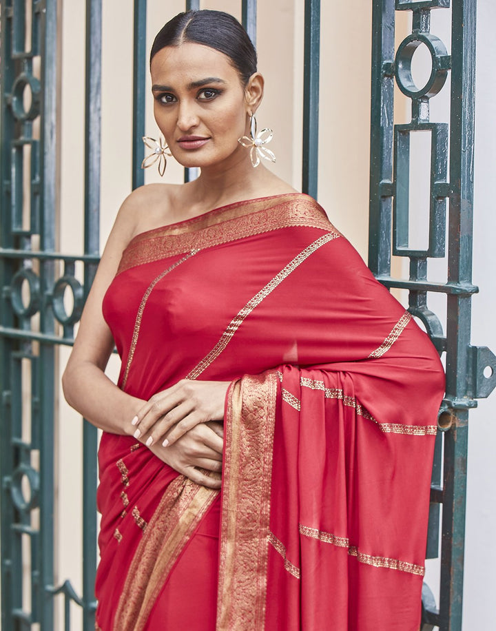 MBZ Meena Bazaar-Red Woven Crepe Saree