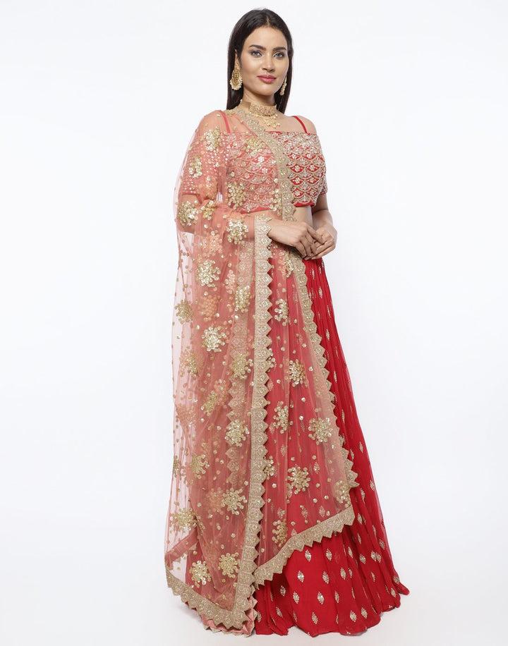 MBZ Meena Bazaar-Elegant Rani Georgette Stitched Lehenga with Net Mustard Dupatta