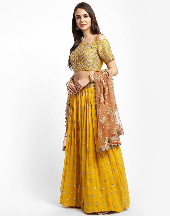 MBZ Meena Bazaar-Elegant Rani Georgette Stitched Lehenga with Net Mustard Dupatta