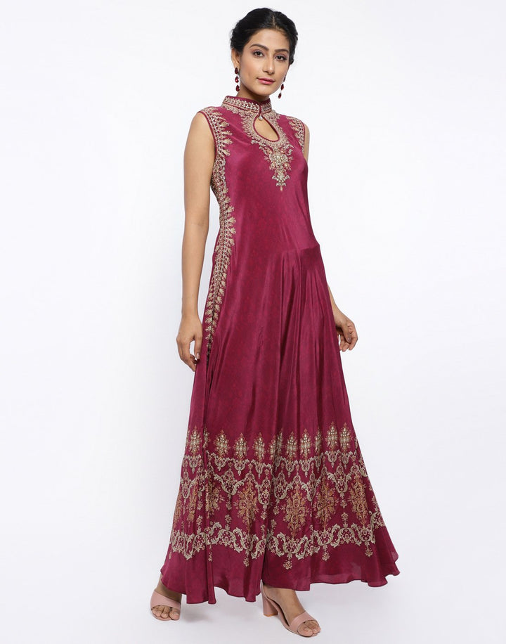 MBZ Meena Bazaar-Green Crepe Digital Printed Long Dress