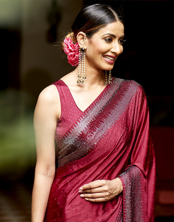 MBZ Meena Bazaar-Satin Silk Saree With Stone Work
