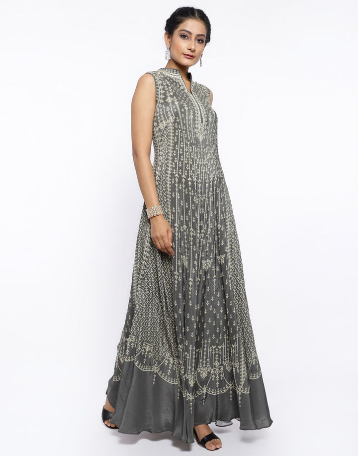 MBZ Meena Bazaar-Coral Pink Crepe Digital Printed Long Dress