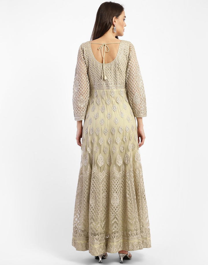 MBZ Meena Bazaar-Beautiful Cream Net Salwar Kameez Stitched Anarkali Suit