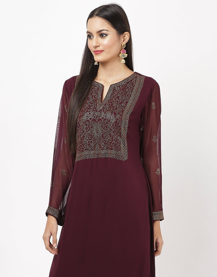 MBZ Meena Bazaar-Wine Georgette Kurti with Palazzo