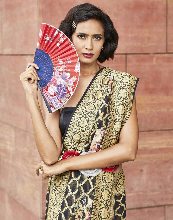 MBZ Meena Bazaar-Black Printed Banarasi Saree