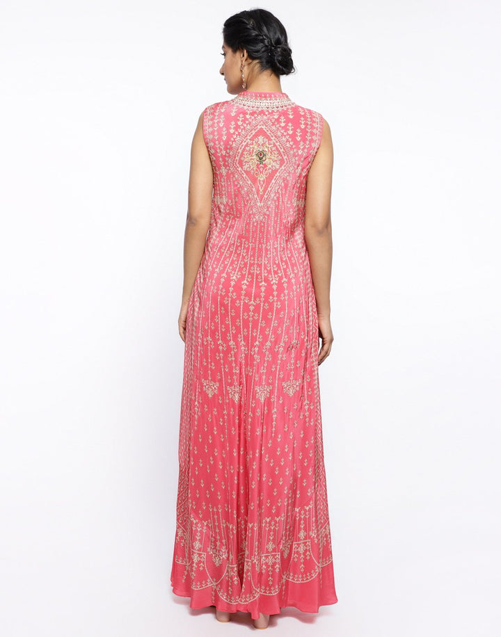 MBZ Meena Bazaar-Coral Pink Crepe Digital Printed Long Dress