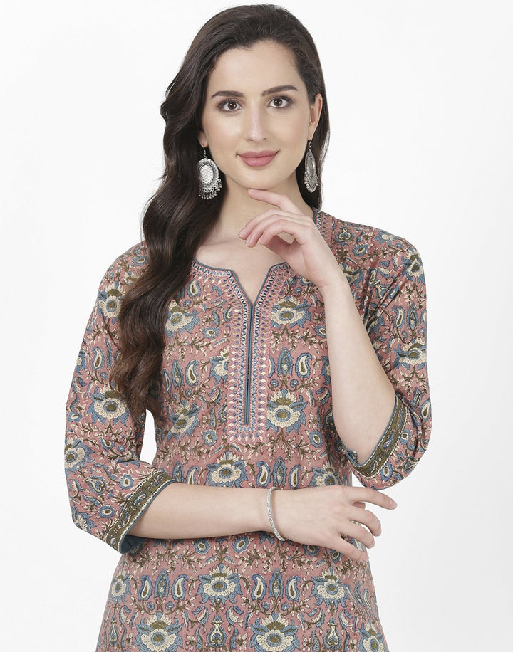 MBZ Meena Bazaar-Pink Teal Blue Cotton Kurti with Palazzo