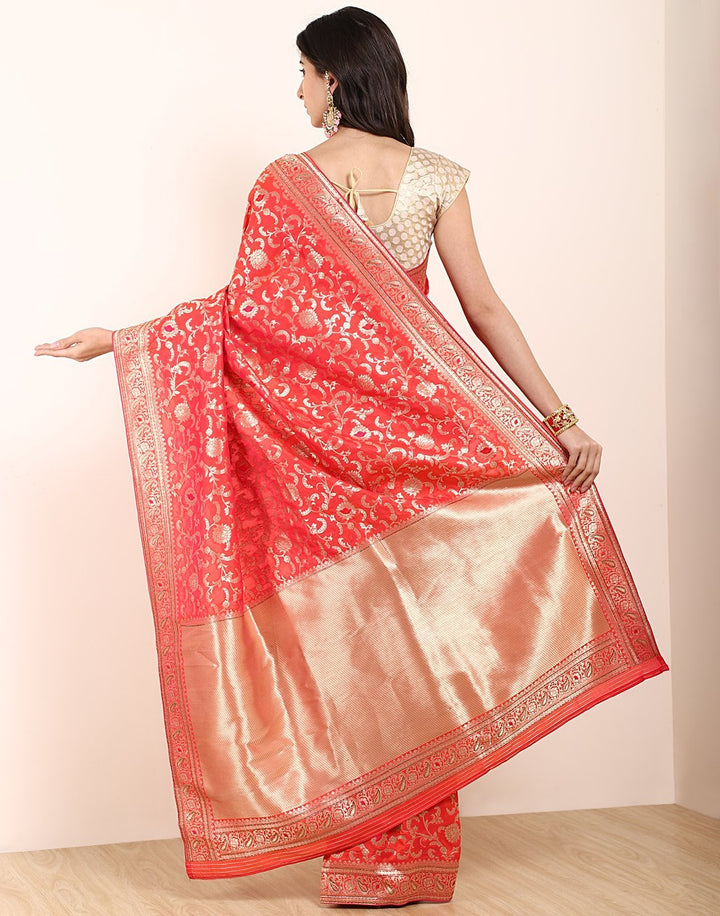 MBZ Meena Bazaar-Orange Banarasi Art Handloom Saree