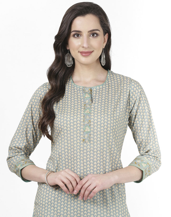 MBZ Meena Bazaar-Grey Green Cotton Kurti with Palazzo