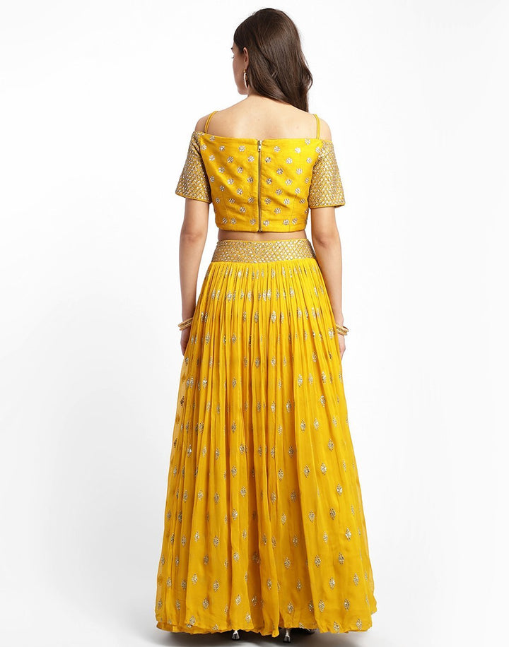 MBZ Meena Bazaar-Elegant Rani Georgette Stitched Lehenga with Net Mustard Dupatta