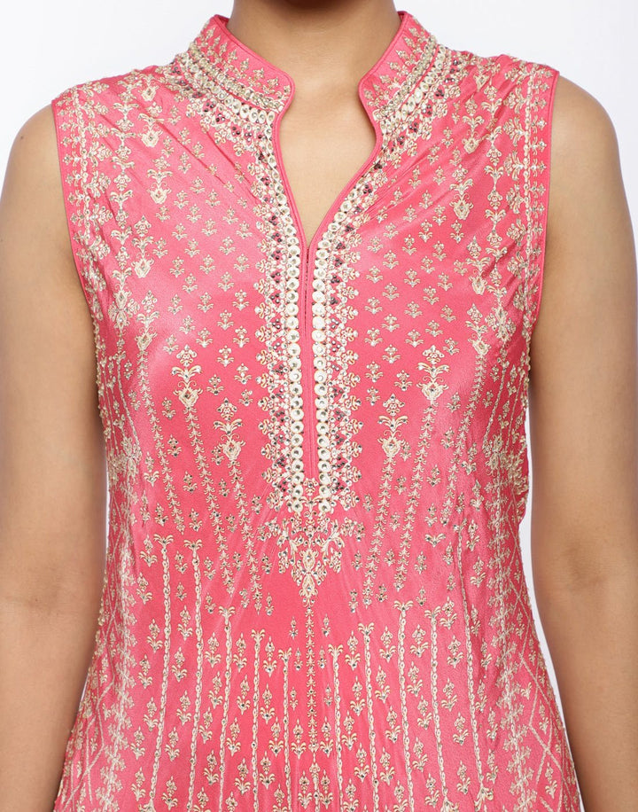 MBZ Meena Bazaar-Coral Pink Crepe Digital Printed Long Dress