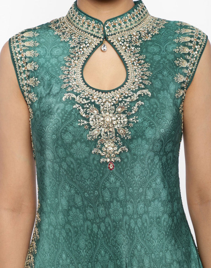 MBZ Meena Bazaar-Green Crepe Digital Printed Long Dress