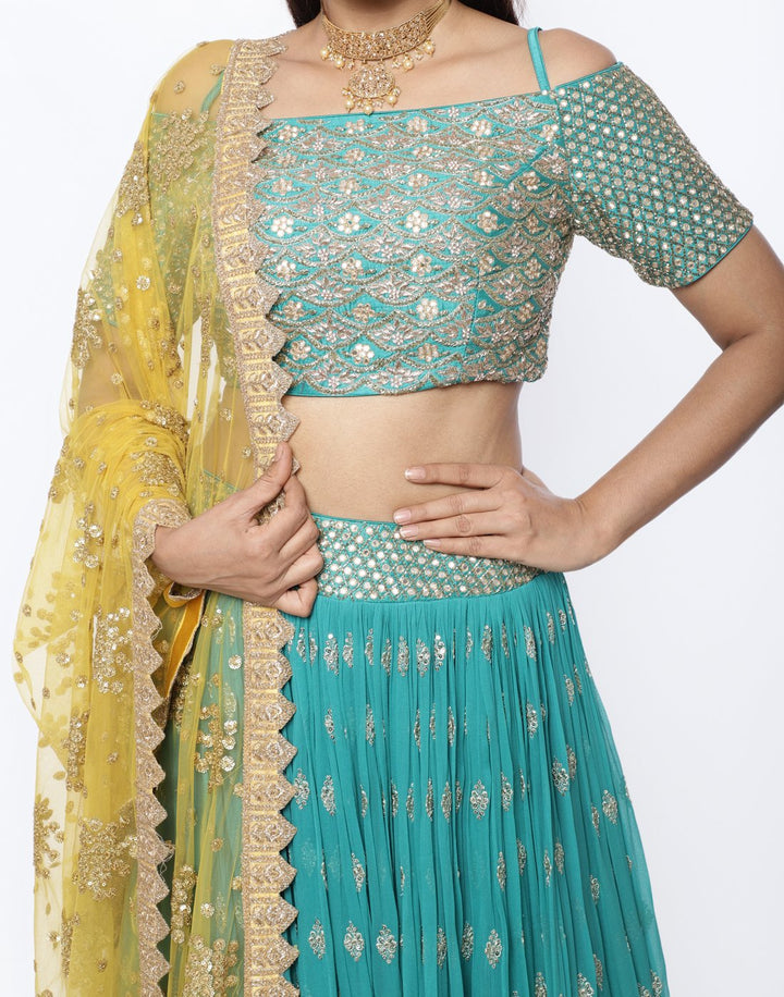 MBZ Meena Bazaar-Elegant Rani Georgette Stitched Lehenga with Net Mustard Dupatta