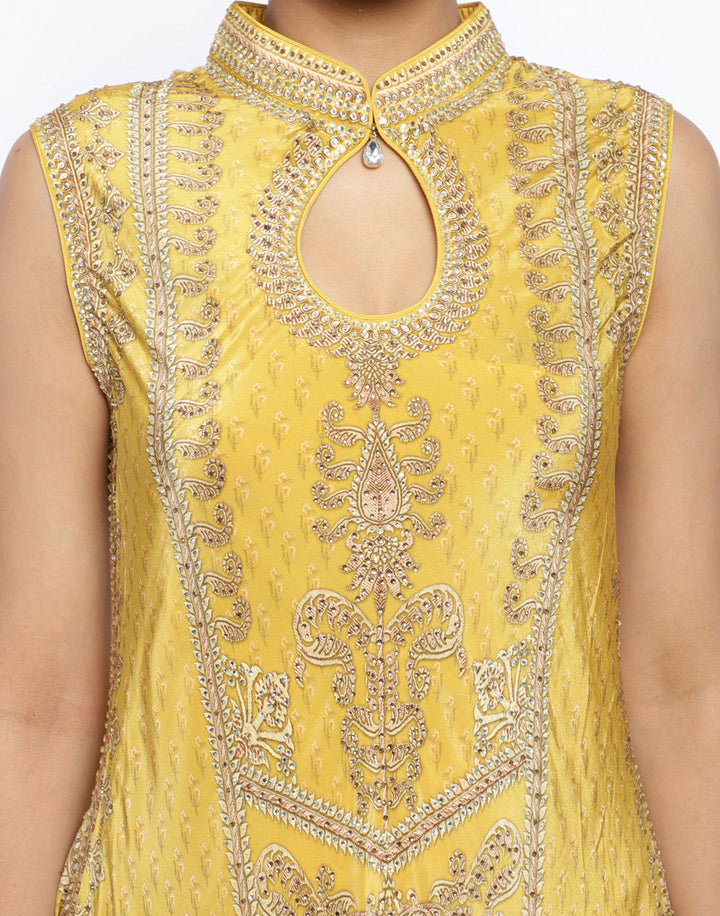 MBZ Meena Bazaar-Mustard Crepe Digital Printed Long Dress