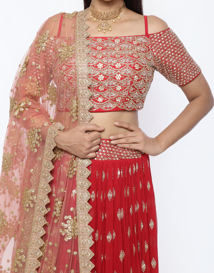 MBZ Meena Bazaar-Elegant Rani Georgette Stitched Lehenga with Net Mustard Dupatta