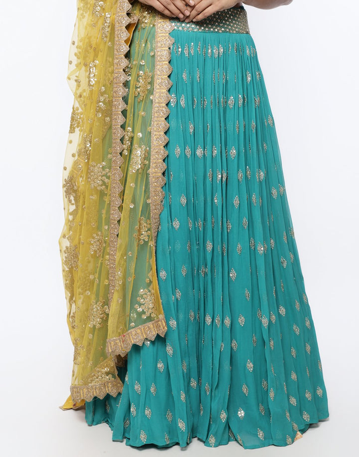 MBZ Meena Bazaar-Elegant Rani Georgette Stitched Lehenga with Net Mustard Dupatta