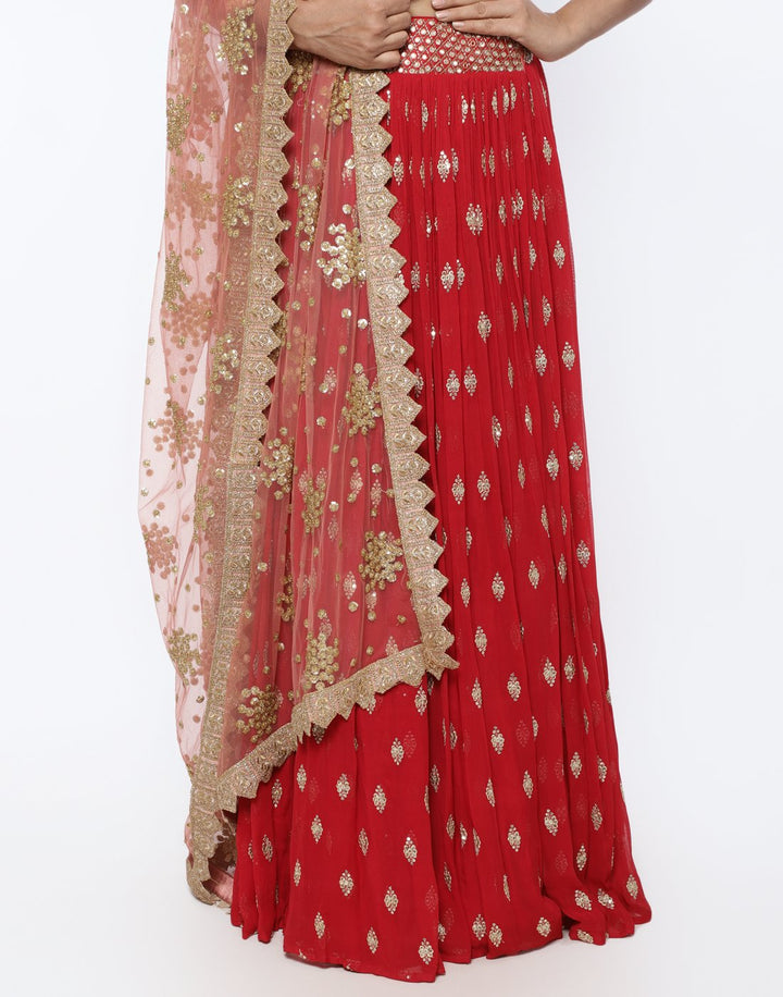 MBZ Meena Bazaar-Elegant Rani Georgette Stitched Lehenga with Net Mustard Dupatta