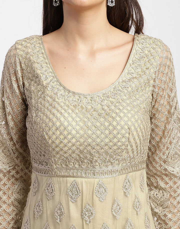 MBZ Meena Bazaar-Beautiful Cream Net Salwar Kameez Stitched Anarkali Suit