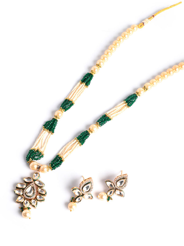 White & Green Pearl Kundan Necklace Set With Earrings