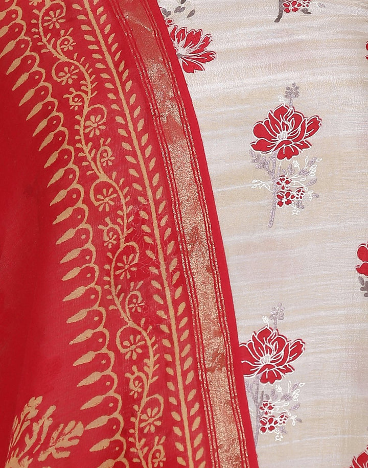 MBZ Meena Bazaar-Floral Printed Art Tussar Suit Set with Chanderi Dupatta