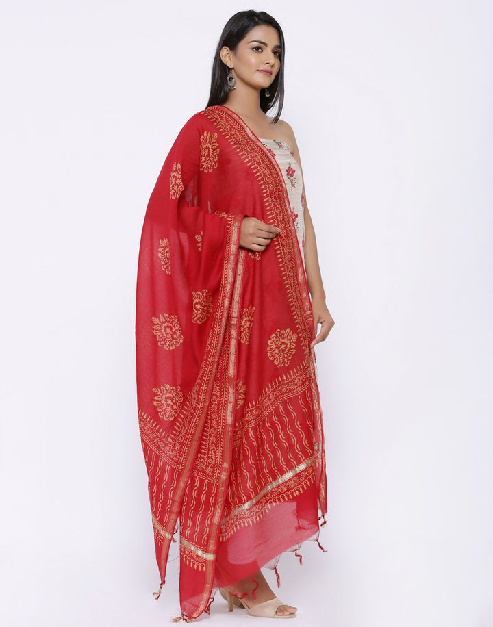MBZ Meena Bazaar-Floral Printed Art Tussar Suit Set with Chanderi Dupatta