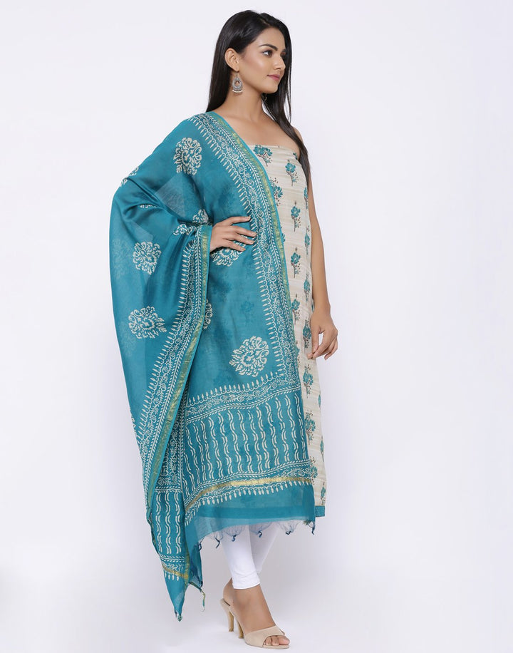 MBZ Meena Bazaar-Floral Printed Art Tussar Suit Set with Chanderi Dupatta