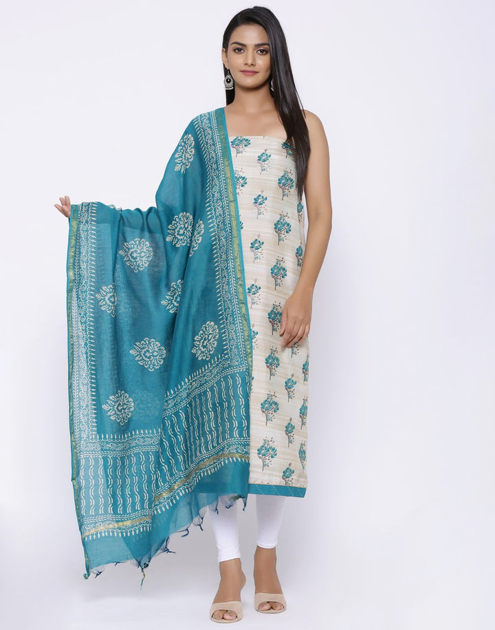MBZ Meena Bazaar-Floral Printed Art Tussar Suit Set with Chanderi Dupatta