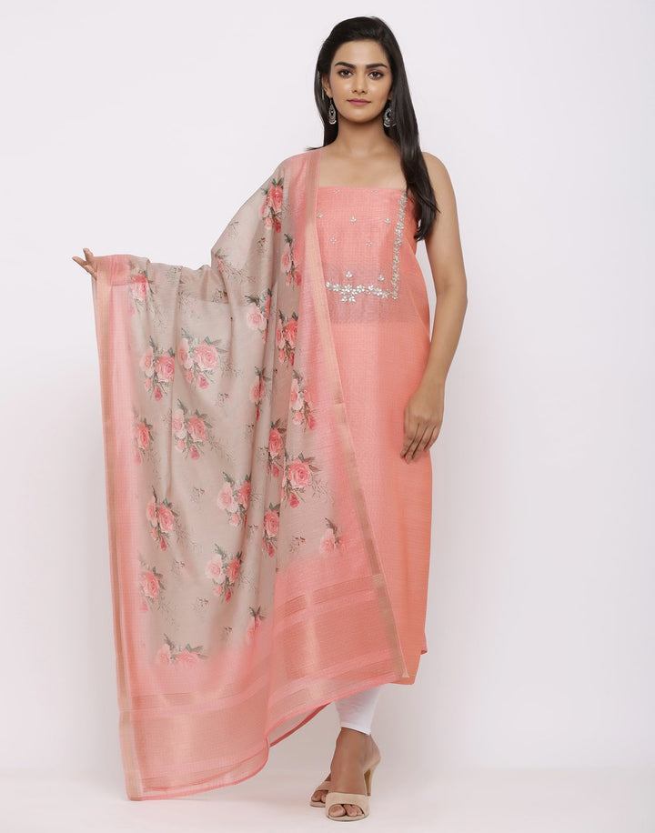 MBZ Meena Bazaar-Embroidered Chanderi Suit Set With Printed Dupatta