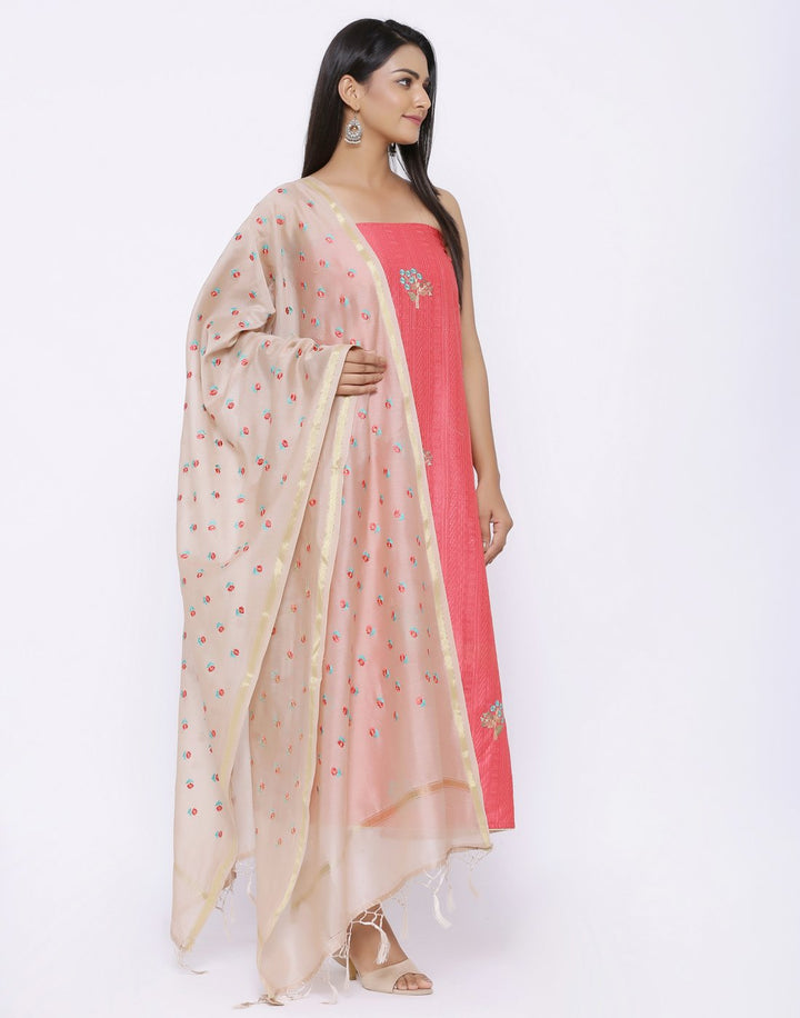 MBZ Meena Bazaar-Embroidered Floral motifs Chanderi Suit Set with Thread Work Dupatta